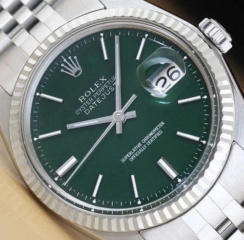 ROLEX MENS DATEJUST 1601 GREEN DIAL 18K WHITE GOLD STEEL WATCH w/ JUBILEE BAND