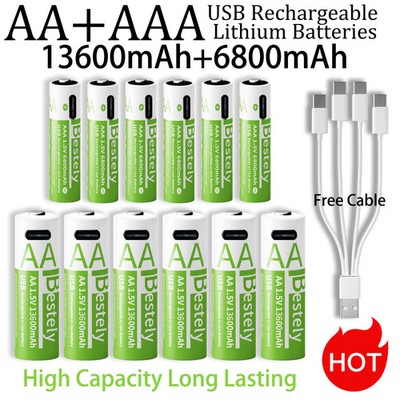 New 1.5V AA 13600mAh+AAA 6800mAh Rechargeable Lithium Batteries Fast Charging Li