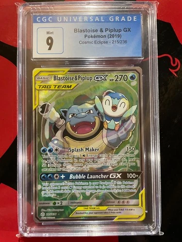 2019 Pokemon Sun & Moon Cosmic Eclipse #215 FA Blastoise & Piplup GX CGC 9 Mint