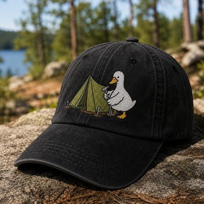 Embroidered Camping Duck Hat, Funny Duck Washed Hat, Cute Outdoor Adventure Cap