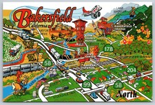 Bakersfield California Illustrated Map Kern County Landmarks Vintage Postcard