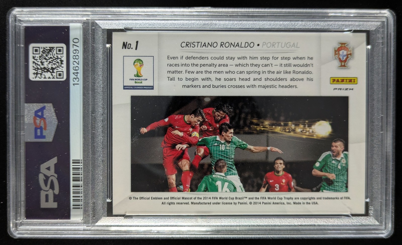 2014 Panini Prizm FIFA CRISTIANO RONALDO Yellow/Red Pulsar 1st Yr Prizm #1 PSA 9 view 2