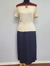 Vintage 1940s Blouse Shirt Crown Embroidery & Skirt Set AS-IS (B-41" W-28") WWII