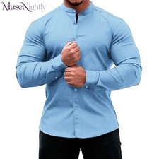 Men's Muscle Dress Shirts Slim Fit Collarless Stretch Long Sleeve Button Shirt
