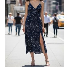 Urban Outfitters Strappy V Neck Starry Sky Leg Slit Midi Dress Romantic Velvet