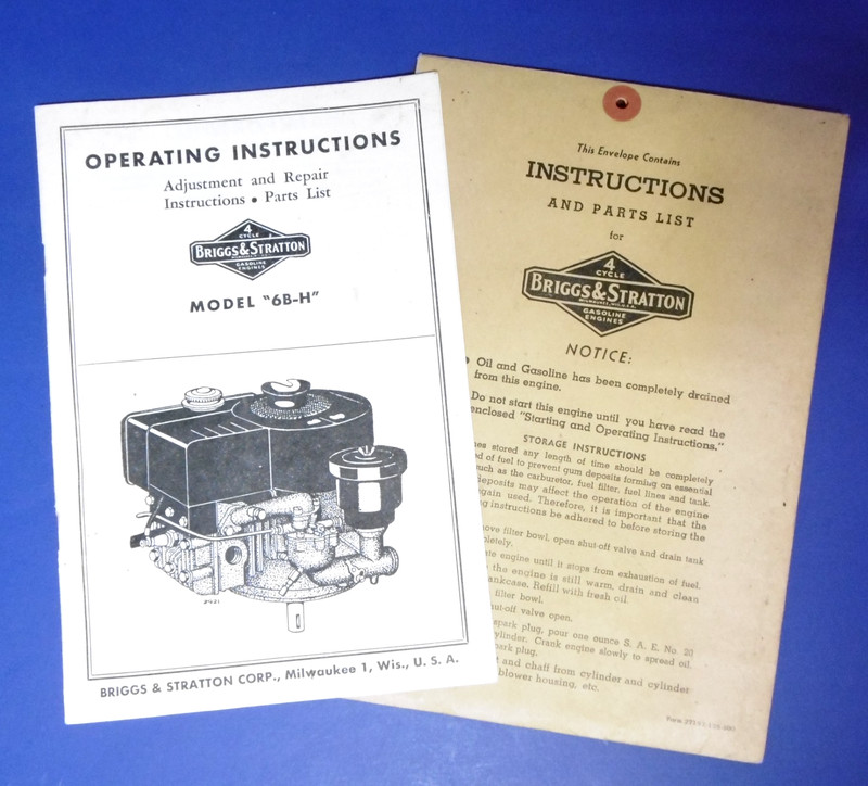 Vintage Briggs & Stratton Gas Engine Model 6B-H Operating and Maintenance MANUAL