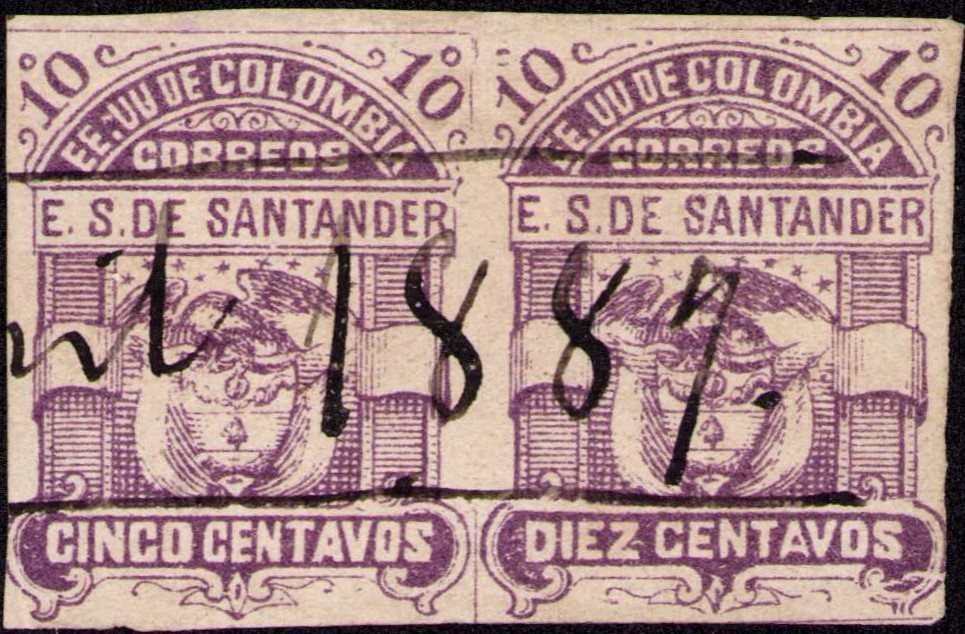 COLOMBIA - SANTANDER - 10c PAIR WITH "CINCO" ERROR - 1887 - Sc 6b RRR