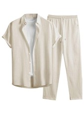 Men's Piece Outfits Short Sleeve Button Down Shirt and Long Pants Set Solid A...