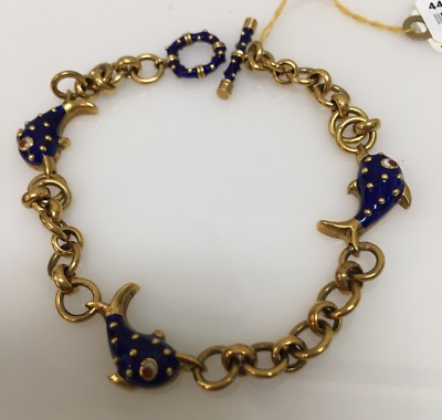 Hidalgo 18k Yellow Gold Blue Enamel Dolphin Link Bracelet Toggle Clasp