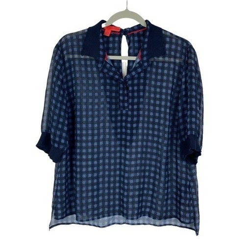 Tommy Hilfiger Checkered Sheer High-Low Keyhole Back Blouse Women's 12 Blue - Picture 7 of 11