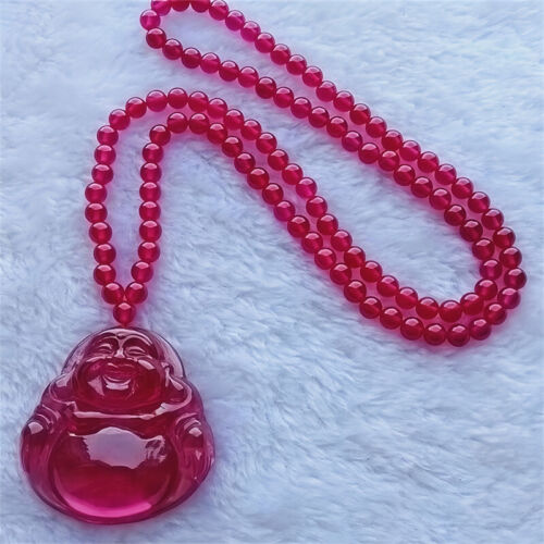 Top Quality Lab-Created Pigeon Blood Red Round Bead Ruby+Buddha Pendant Necklace - Picture 2 of 5