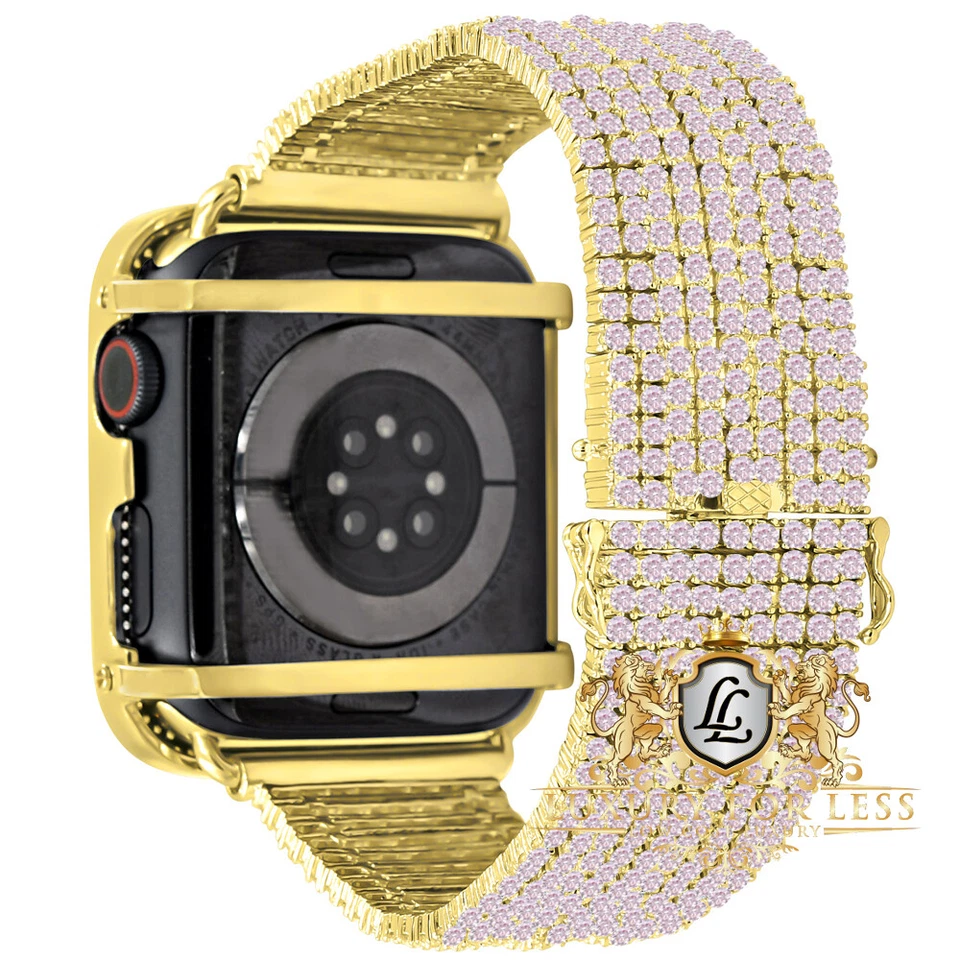 Reloj Apple Rosa Micro Pavé Tono Dorado Bisel Personalizado + Banda Combo 44mm Ajuste # 4,5,6 Foto 4 de 4