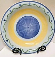 Trisa Handpainted Stoneware 11" Serving Bowl Yellow& Blue, Green trim Pre-owned