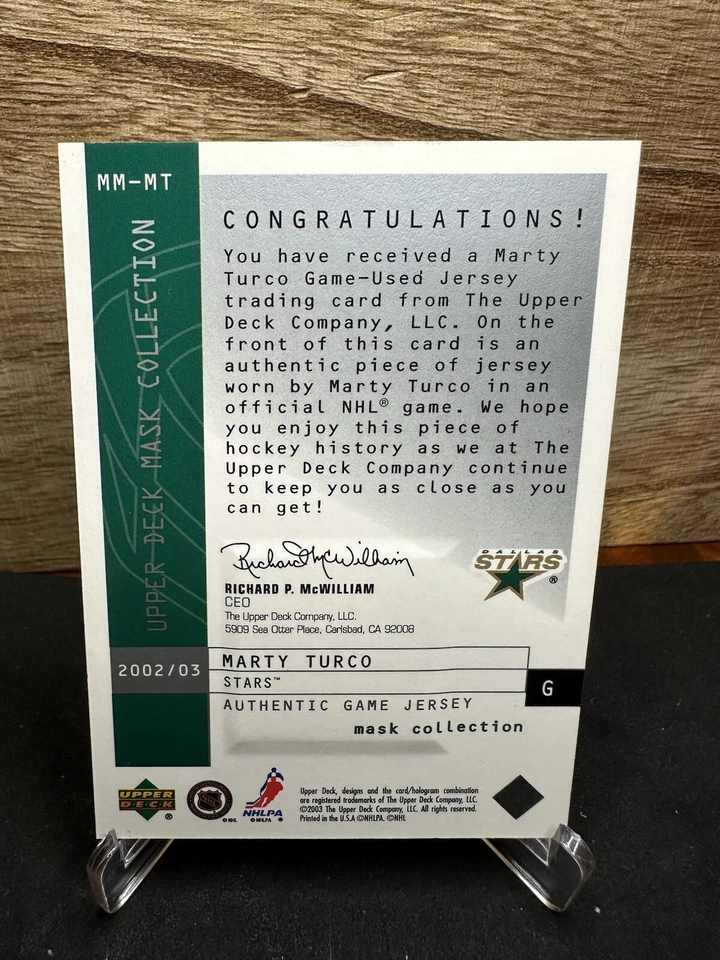 2002-03 Upper Deck Mask Collection Marvels Jerseys Marty Turco #MM-MT 2 COLOR - Image 2 of 2
