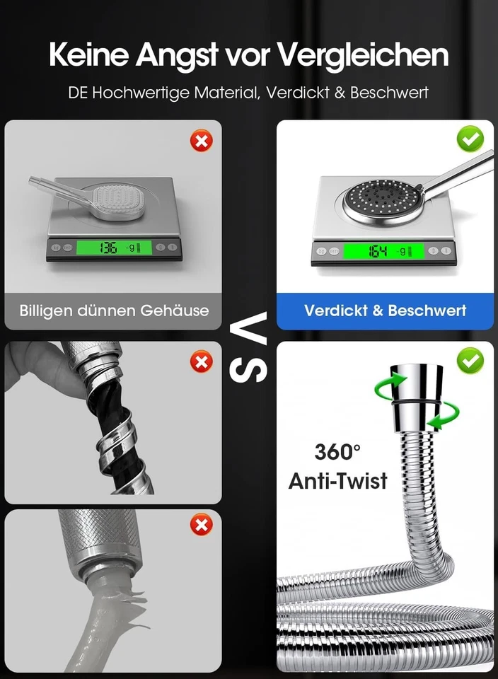 Duschkopf Duschbrause Brause mit Schlauch Wassersparend Schwarz B485 - Bild 3 von 4