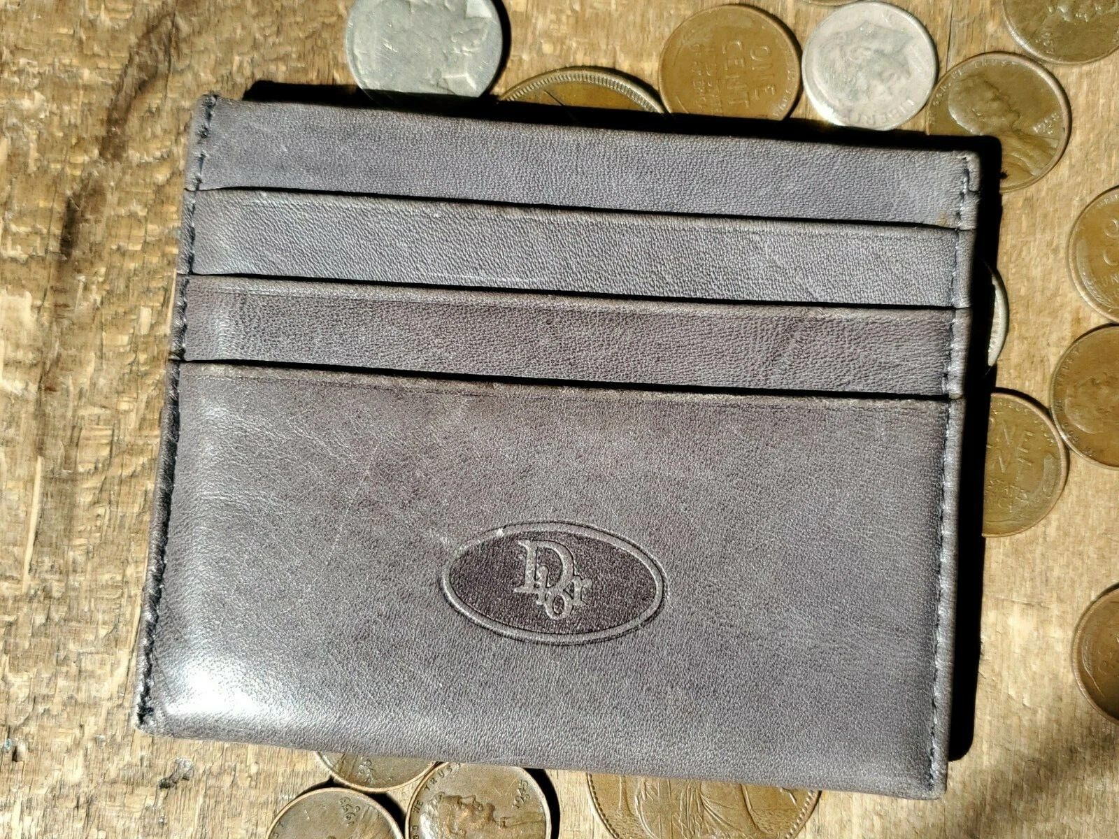 Vintage / Christian Dior / gris / cuir / portefeuille de cartes mince / 9 manches