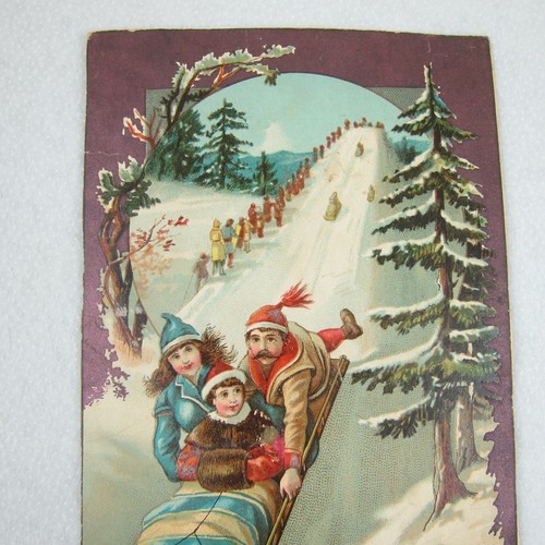 Victorian Trade Card Lion Coffee Woolson Spice Christmas Snow Family Sled RARE - Picture 2 of 12