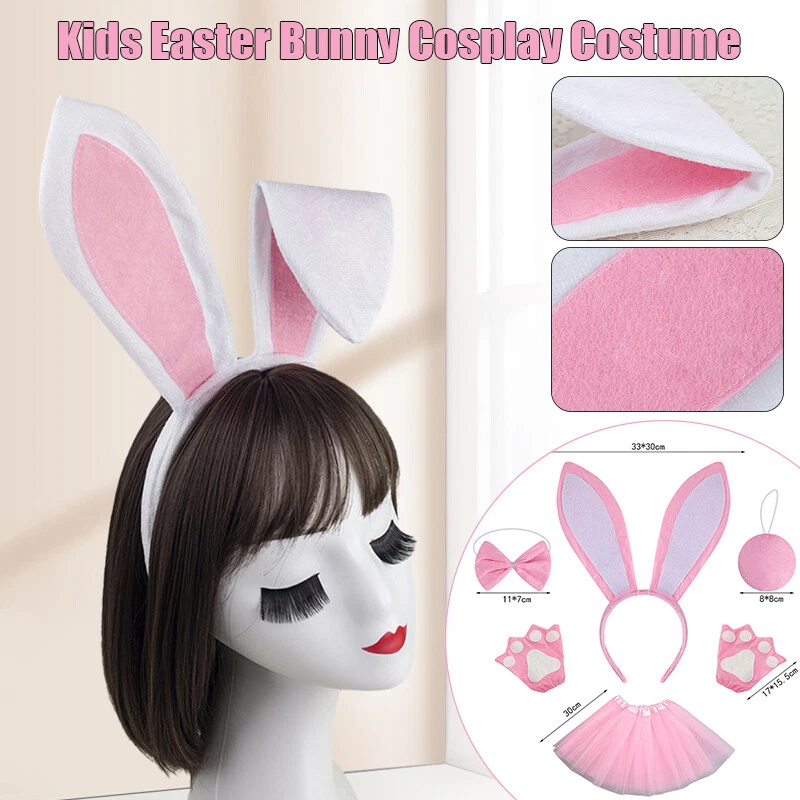 Girls Easter Bunny Costume Set Tutu Skirt Rabbit Bunny Ear Headband Tail Tie Bow - Image 2 of 4