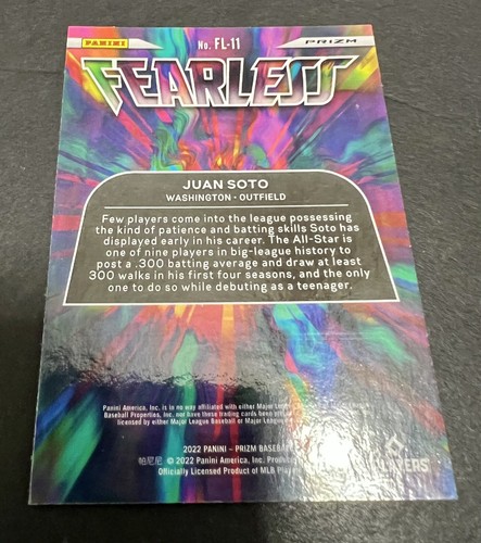2022 Panini Prizm Fearless Purple Prizm #FL-11 Juan Soto Washington Nationals - Picture 2 of 21