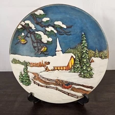 Byron Molds 1980 Winter Christmas Scene 3D Handpainted 10" Ceramic Wall Plate