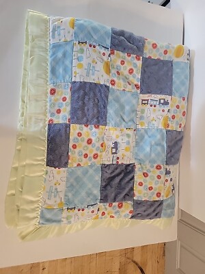 Vintage Handmade Baby Quilt Satin Trim Trains And Buttons 36'' x 41'' 