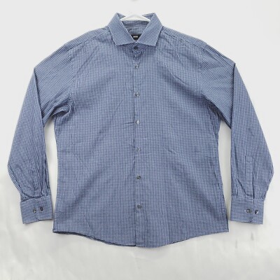 Hugo Boss Dress Shirt Mens 16 Blue Check Sharp Fit Formal