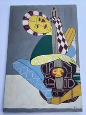 LARGE PAINTING VINTAGE MODERNIST PORTRAIT EXPRESSIONISM MUSICIAN SIGNED MYSTERY