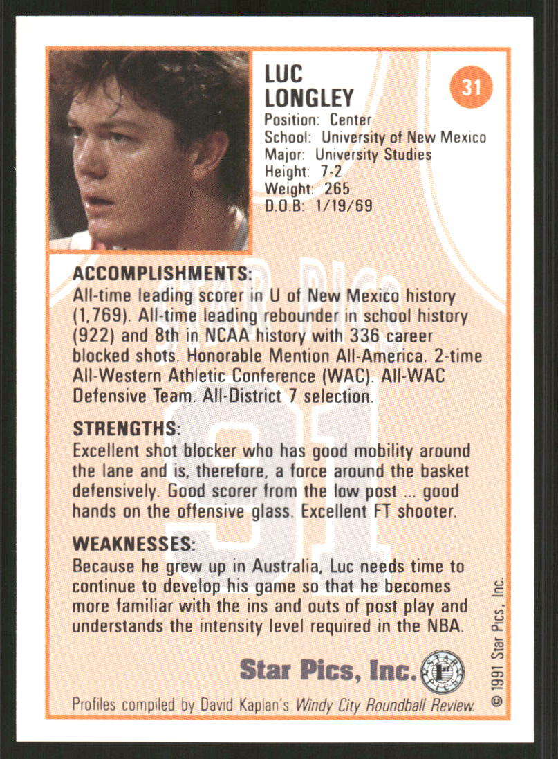1991 Star Pics #31 Luc Longley
