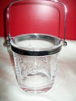 CRYSTAL GLASS ICE BUCKET WITH CHROME HANDLE WHEAT DESIGN