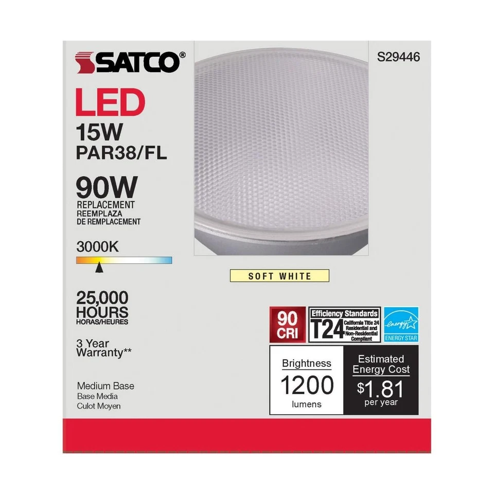 Satco S29446 - 15 Watt PAR38 LED Light Bulbs - 3000K - 6 Pack - Image 3 of 4