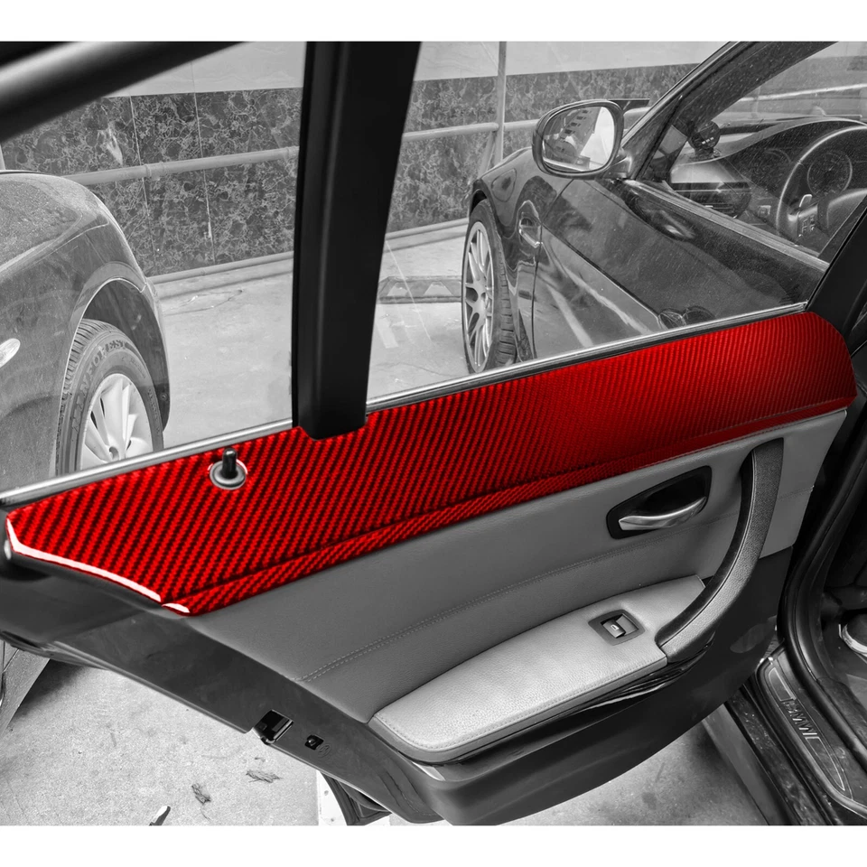 Guarnição da tampa do painel da janela da porta traseira de fibra de carbono vermelha para BMW 3 Series M3 E90 05-12 - Imagem 3 de 4