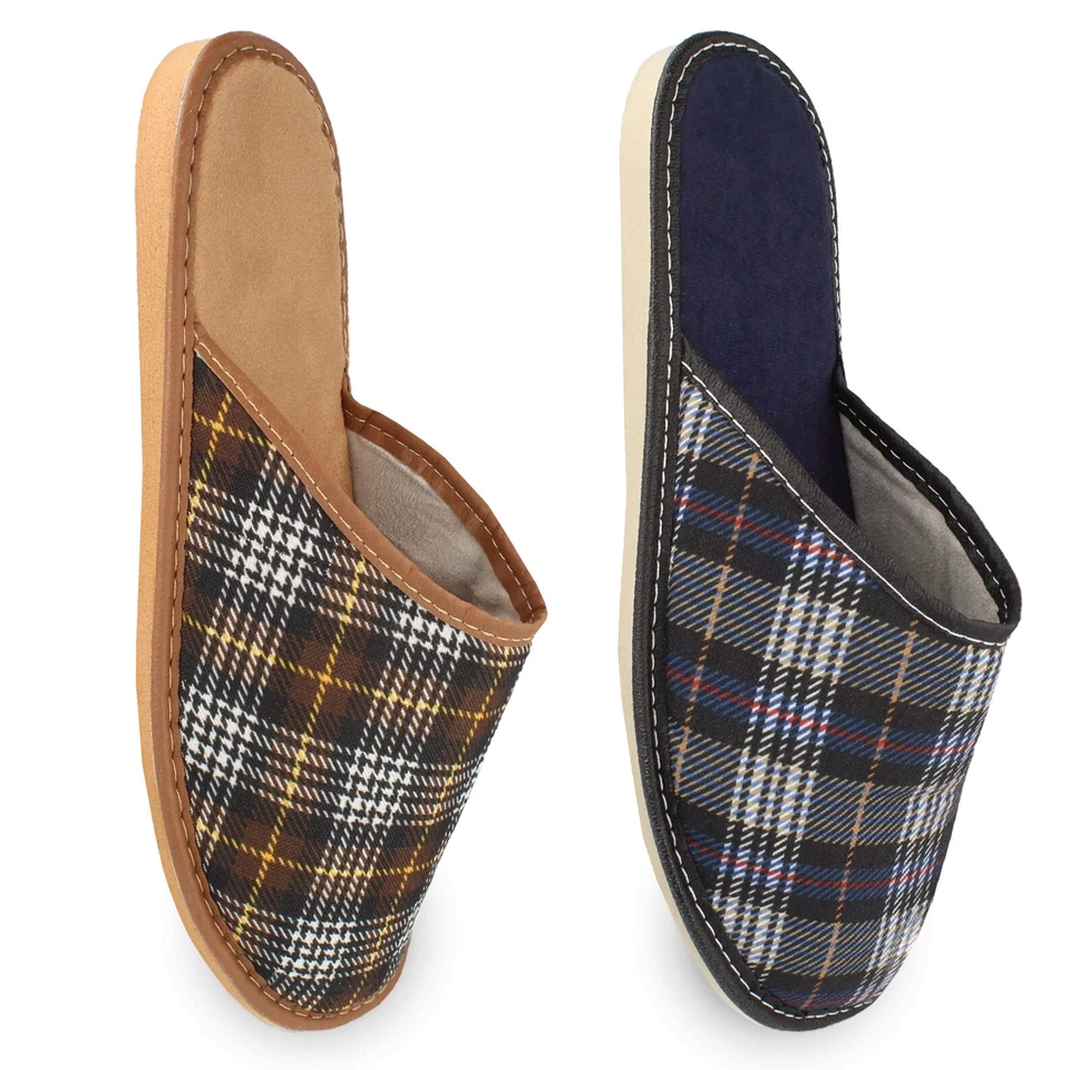 Hausschuhe Herren Pantoffeln blau braun kariert Slip-On Gr. 40-46 filsko Vejen