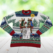 New BLIZZARD BAY Christmas Sweater Reindeer Drink Holder Funny Ugly Mens S