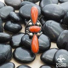 Vintage Southwestern Silver Red Coral Tri-Stone Statement Ring