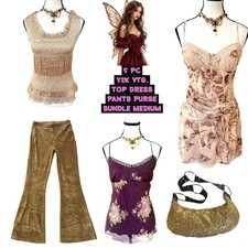 90'S Y2K VTG. 5 PC. PANTS DRESS TOPS PURSE BUNDLE MEDIUM COTTAGE RETRO