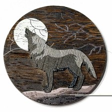 Hand Made Howling Wolf With Full Moon Wooden Magnet