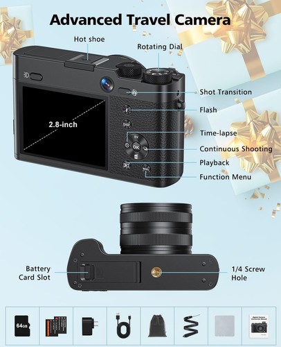 Digital Camera, 6X Optical Zoom & WiFi, 5K 30FPS 64MP Vlogging Camera, Rear a... - Picture 7 of 9