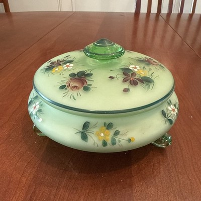 Fenton? Puff Box Powder Jar Hand Painted Roses Green Satin Manganese Glow Damage