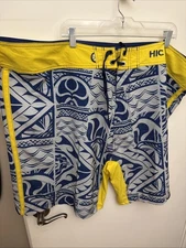 Hawaiian Island Creations Board Shorts Sz 52 Yellow Blue Tribal 83342 EUC