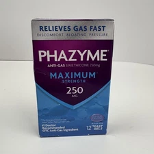 Phazyme Maximum Strength Anti-Gas 250mg Simethicone 12 Fast Gels Exp 11/2025