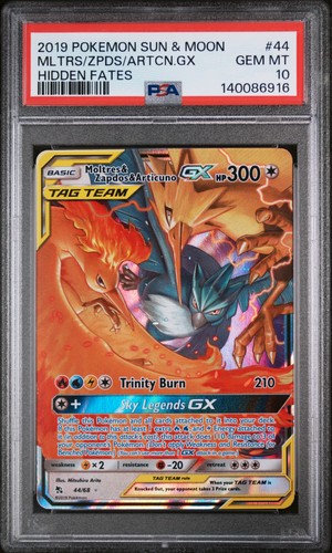 2019 POKEMON SUN & MOON HIDDEN FATES #44 MOLTRES & ZAPDOS & ARTICUNO GX PSA 10
