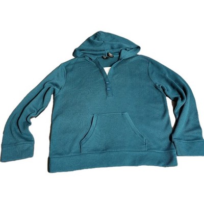 Bobbie Brooks Teal Hoodie Wmns Large Waffle Knit Henley Sweater Kangaroo Pocket