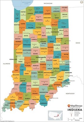 Indiana Counties Map - Standard - 36'' x 52.25'' Laminated