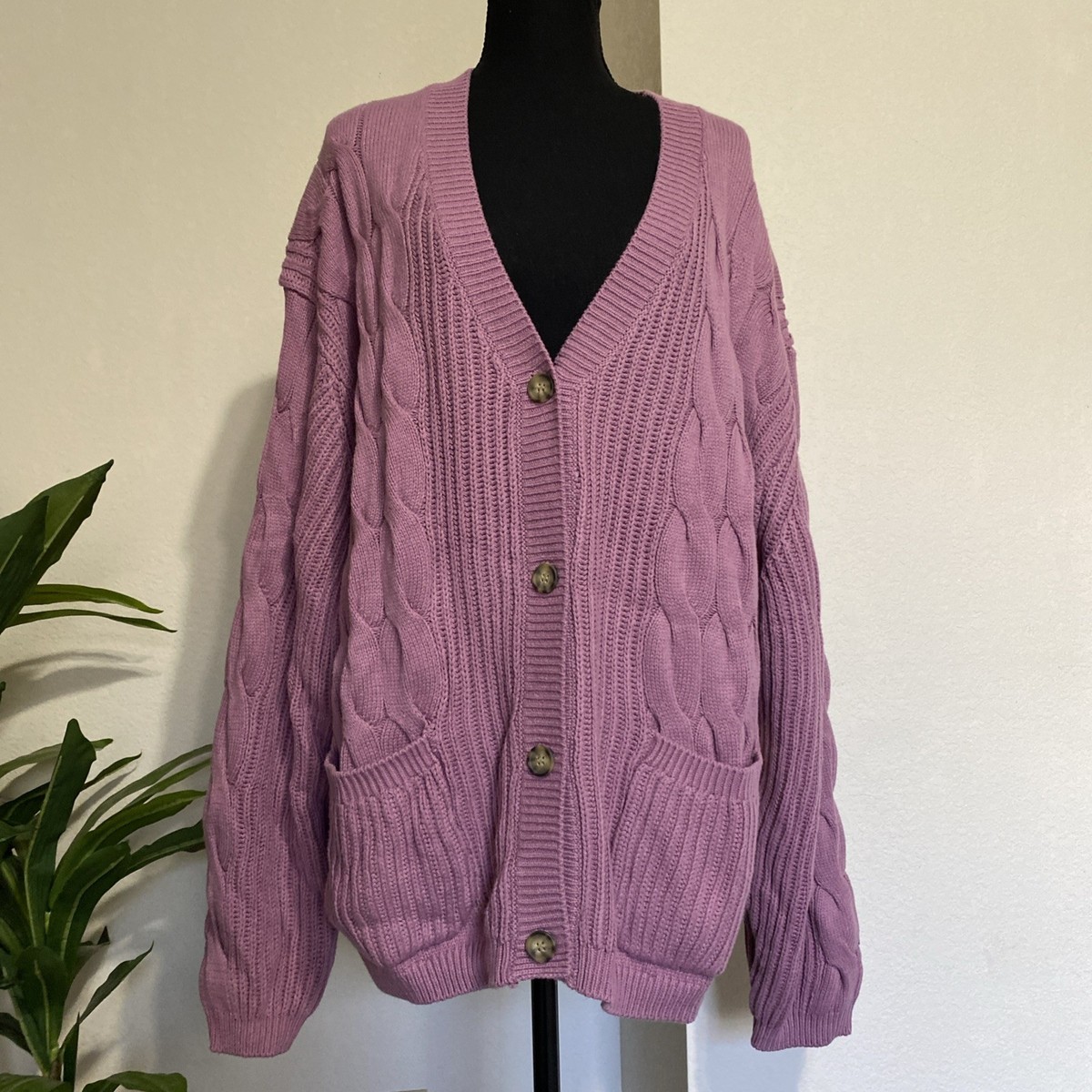 St Johns Bay Fall Cardigan Sweater Sz 2X Purple Cable Knit Cotton