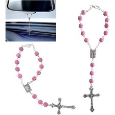 Pink Rosary Pendant Car Mirror Charm Hanging Ornament with Cross for Women Men