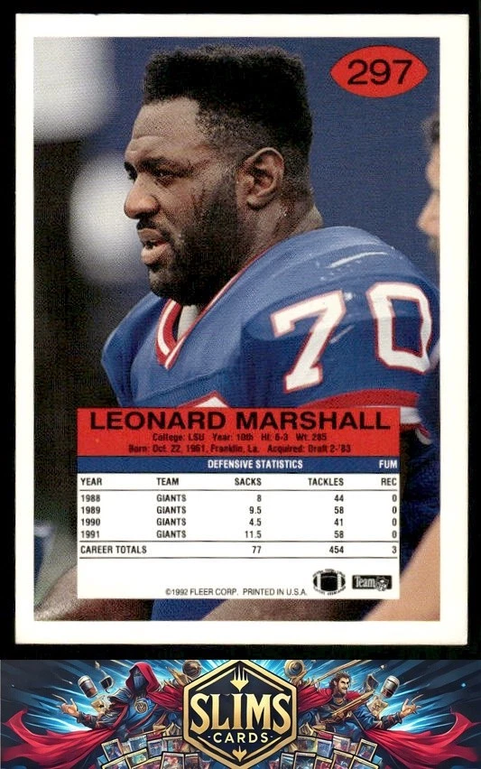1992 Fleer New York Giants Leonard Marshall #297 - Image 2 of 2