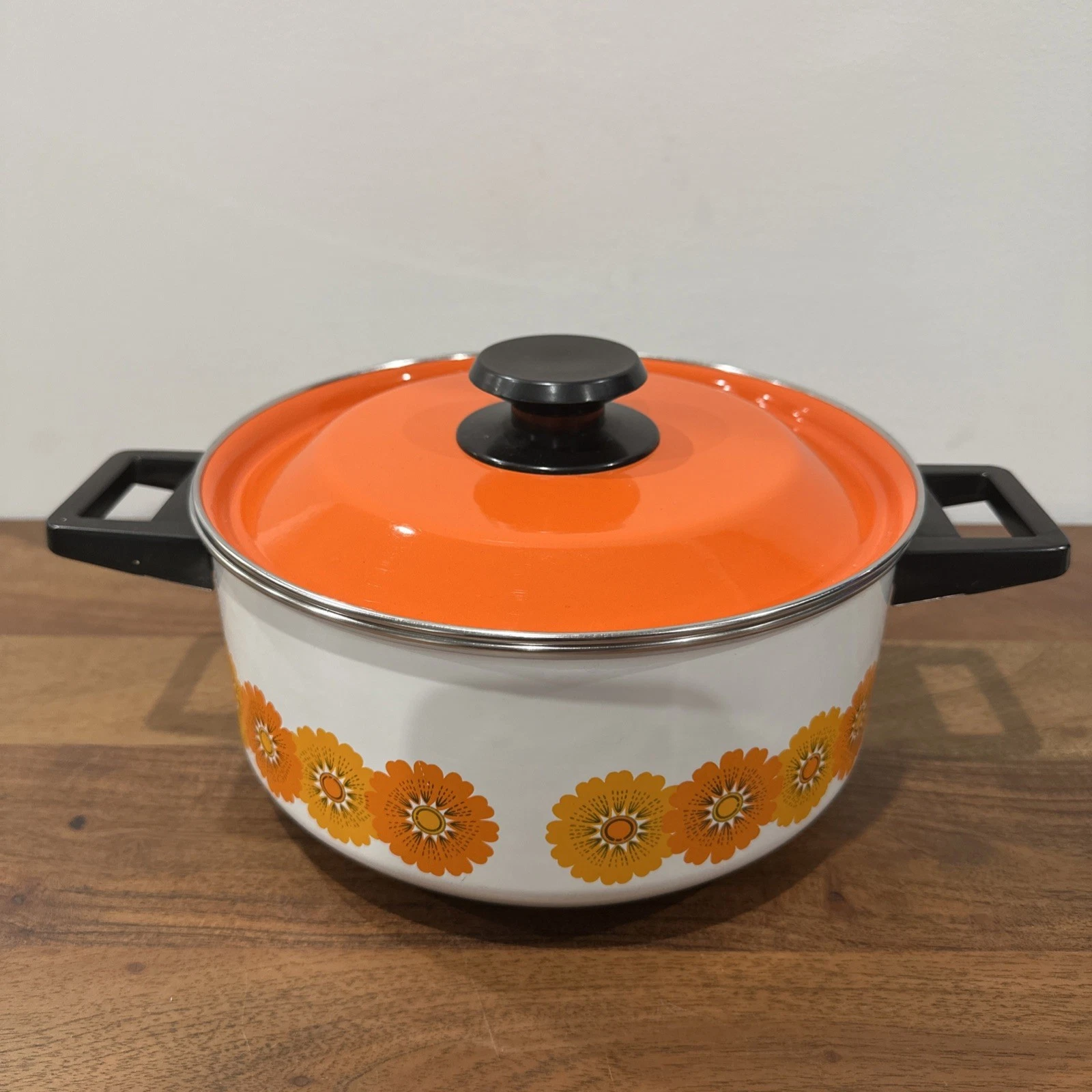 Vintage Retro 70s Orange Floral Stock Stewpot Enamel Cooking Casserole Rare