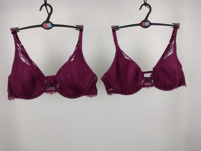 M&S 2pcs Bundle Bras Dark Magenta Mesh Lace Trim Strappy Underwired Plunge New