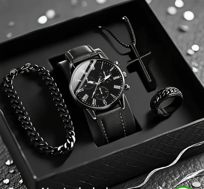 Herren Armbanduhr Set 4 Teilig Schwarz Chic