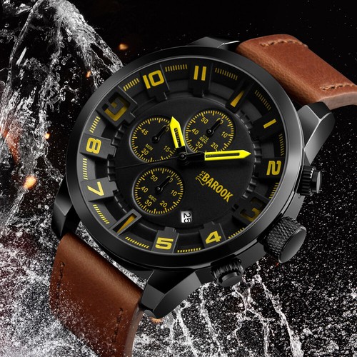 Men Watch Chronograph Genuine Leather Strap Fashion Business Sport Wristwatch - Picture 7 of 19